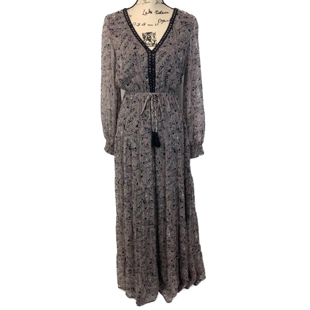 Love Stitch Women Small Maxi Dress Boho Paisley Victorian Chiffon Tassels Sheer